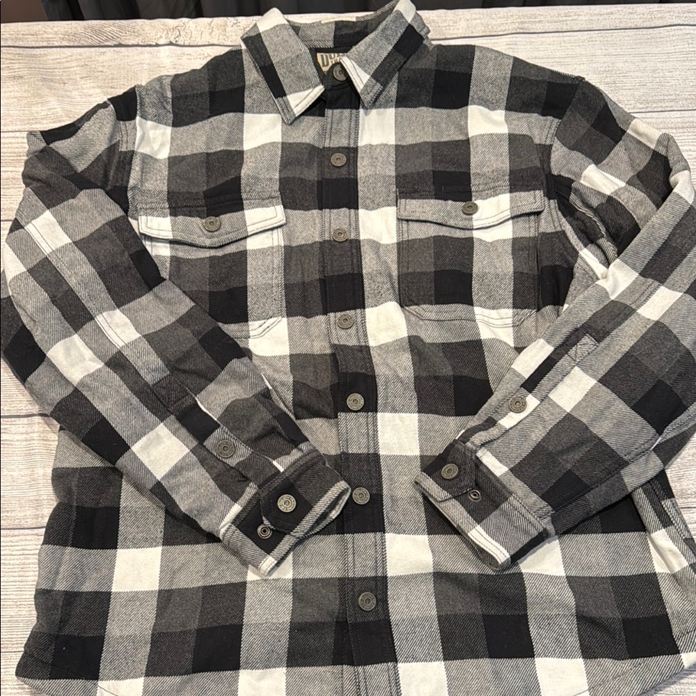 Men’s Duluth Trading Flapjack Flannel Black and White Plaid Shirt Jac size L